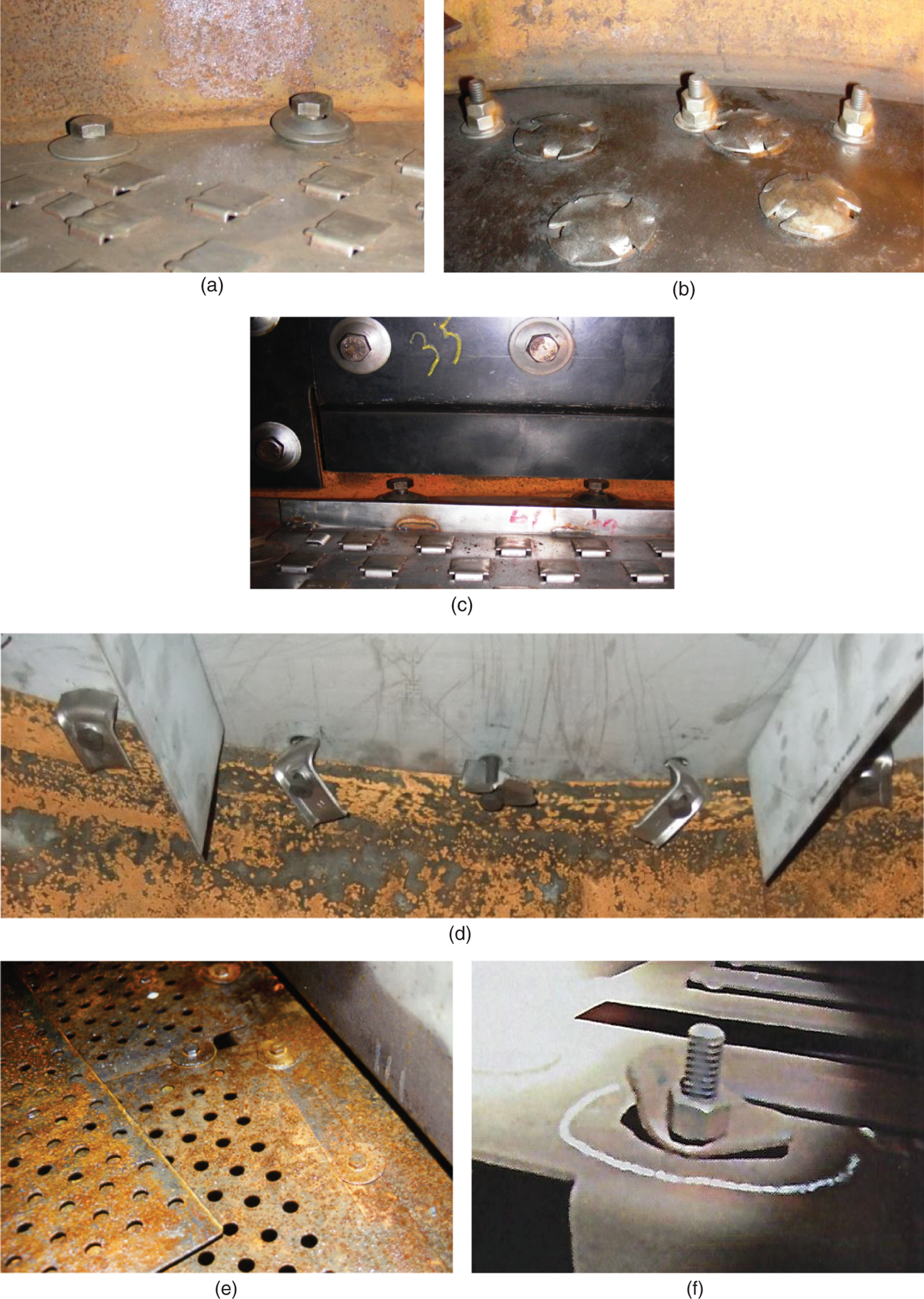 a. A photograph of nuts and bolts incorrectly installed. b. A photograph of nuts and bolts incorrectly fabricated. c. A photograph of unfastened nuts and bolts. Some of the nuts and bolts are loose or missing. d. A photograph of loose clamps. The clamps used to secure components are not tightened properly. e. A photograph of light-duty bolting provides poor mechanical strength. The bolts used are not strong enough for the application, leading to failure. f. a photograph of a manway clip with a permanent bend.