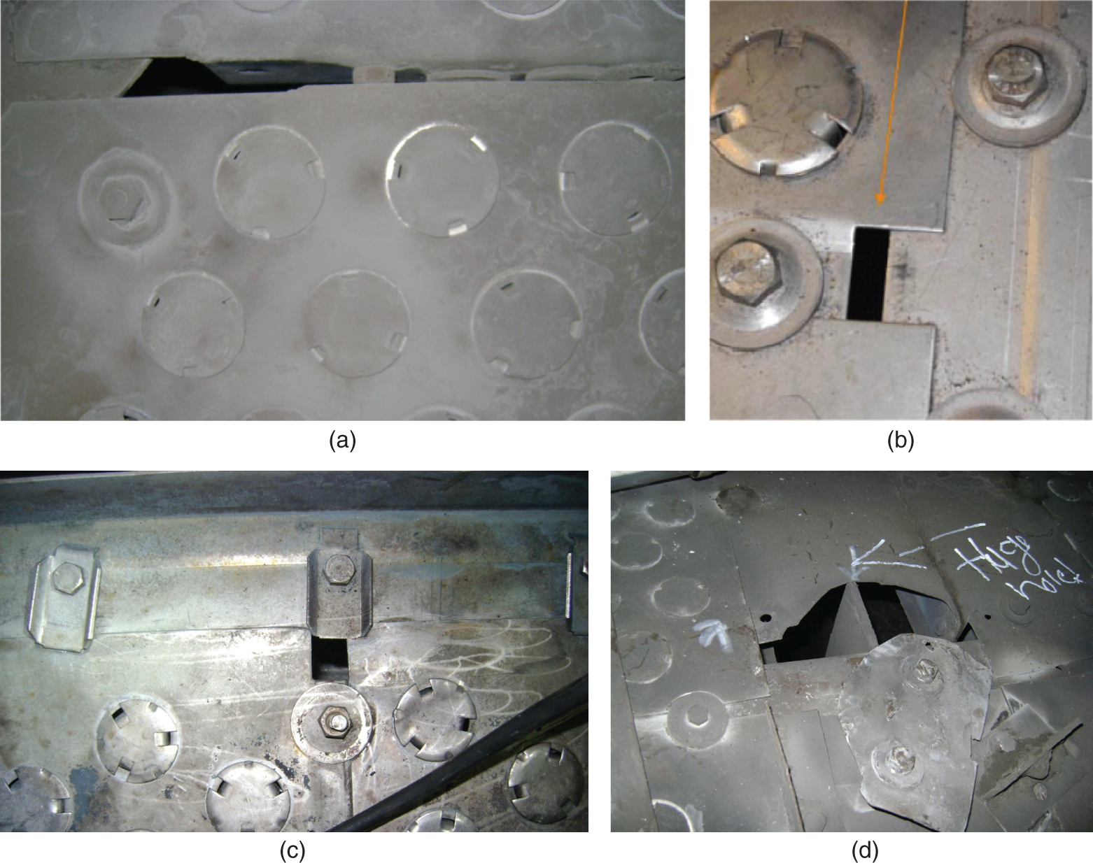 a. A photograph of cracks due to misalignment of tray panels. b. A photograph of cracks due to incorrect fabrication. c. A photograph of a close-up view of a crack in the tray active area. d. A photograph of a crack that has propagated through the thickness of the tray. This indicates a more severe crack that could compromise the structural integrity of the tray.