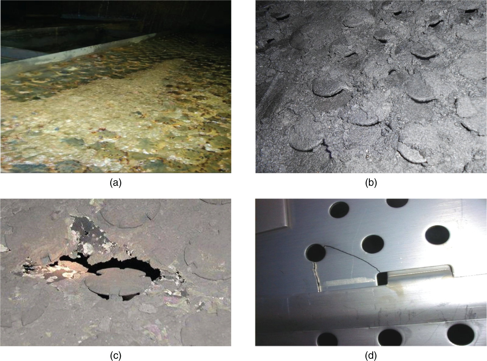 a. A photograph of a tray that is partially blocked or plugged. b. A photograph of a tray that has experienced corrosion underneath a deposit. c. A photograph of a tray with a crack. Cracks can occur due to stress, corrosion, or other factors. d. A photograph of a close-up of a crack in the tray. This image provides a more detailed view of the crack, allowing for further analysis and diagnosis.