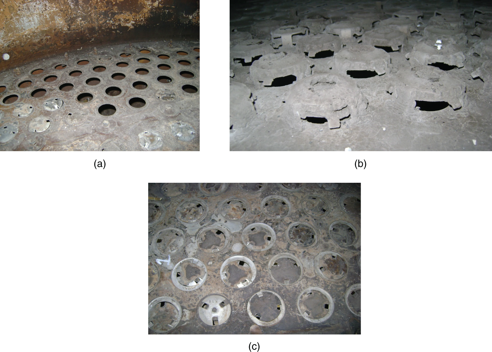 a. A photograph of a missing valves. b. A photograph of valves stuck open. c. A photograph of water marks showing valve spins.