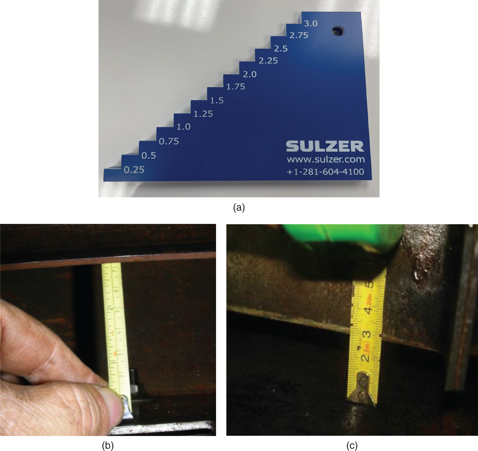 a. A photograph of a Sulzer Level Indicator itself. It consists of a vertical scale with numbered divisions and a floating indicator. b. A photograph of a person using the Sulzer Level Indicator to measure the liquid level in a vessel. c. A photograph of a close-up of the scale on the Sulzer Level Indicator.
