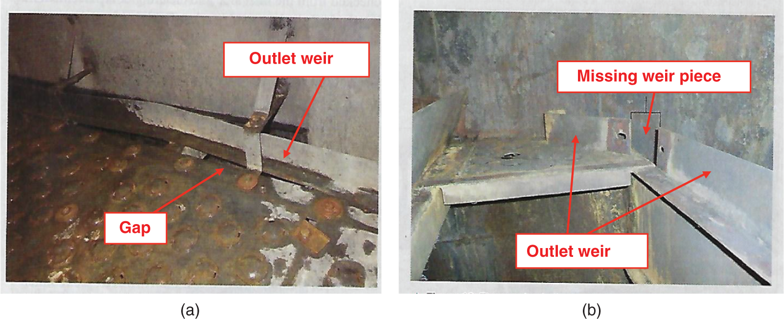 a. A photograph of a properly installed outlet weir. The outlet weir is a dam-like structure that controls the flow of liquid from the tray. b. A photograph of a missing weir piece. The outlet weir is incomplete, with a portion of it missing. This can lead to uneven liquid distribution and potential flooding.