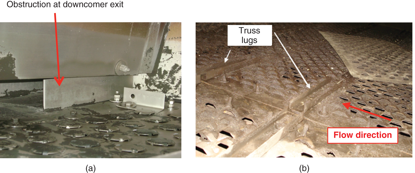 a. A photograph of a piece of debris that is blocking the exit of the downcomer. b. A photograph of the truss lugs, which are structural elements used to support the tray. In this case, the truss lugs are oriented perpendicular to the direction of liquid flow.