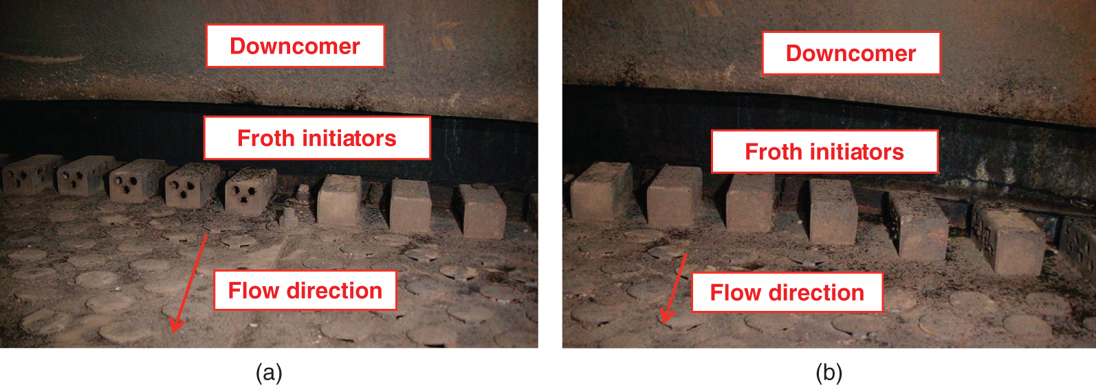 a. A photograph of a downcomer with froth initiators positioned in a row. The froth initiators are rectangular blocks that are placed on the tray. The flow direction is indicated by the arrow. b. A photograph of a similar arrangement of froth initiators, but with a different spacing between the blocks. The flow direction is also indicated.