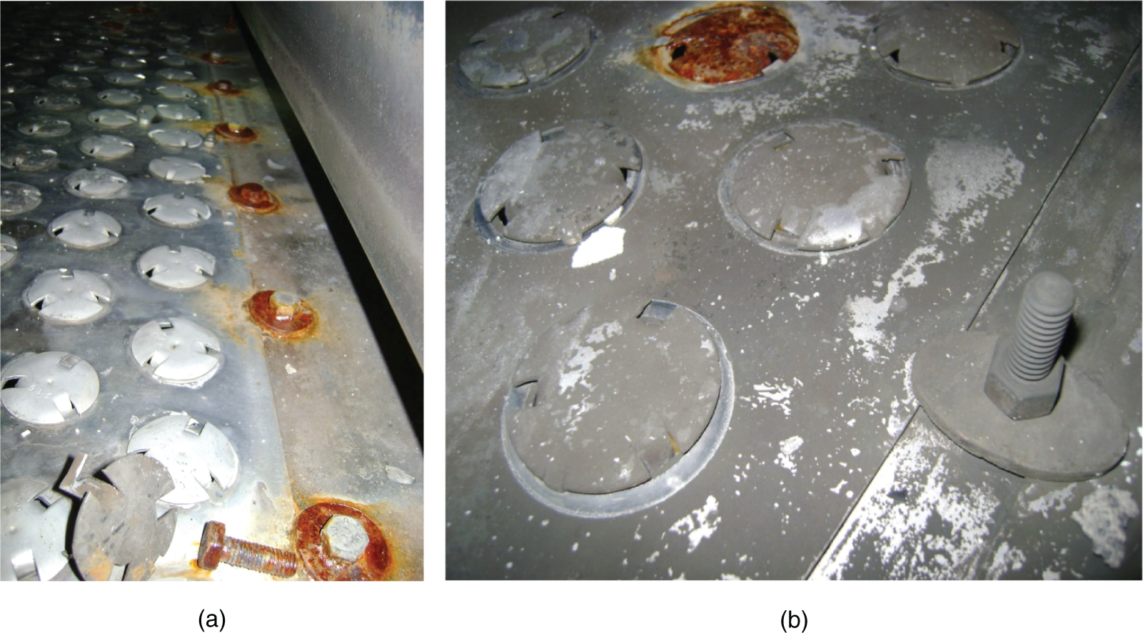 a. A photograph of a tray with multiple small holes or perforations. b. A photograph of a tray with several missing or damaged fasteners. The fasteners are used to secure the tray in place and prevent it from moving or vibrating.