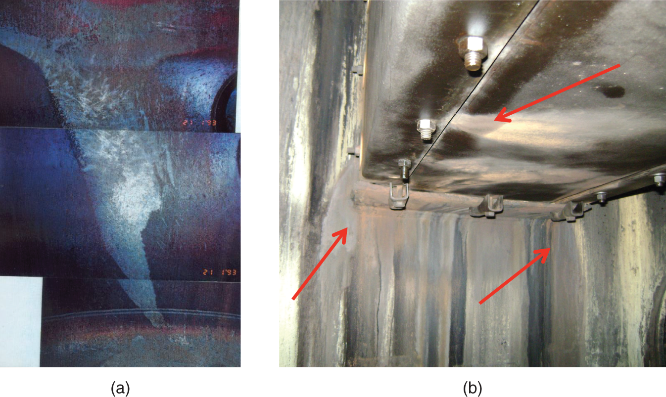 a. A photograph of a dark stain or discoloration on the wall of the column. This could be an indication of corrosion or a buildup of deposits. b. A photograph of clear signs of corrosion on the metal surface, particularly around the bolts and joints.