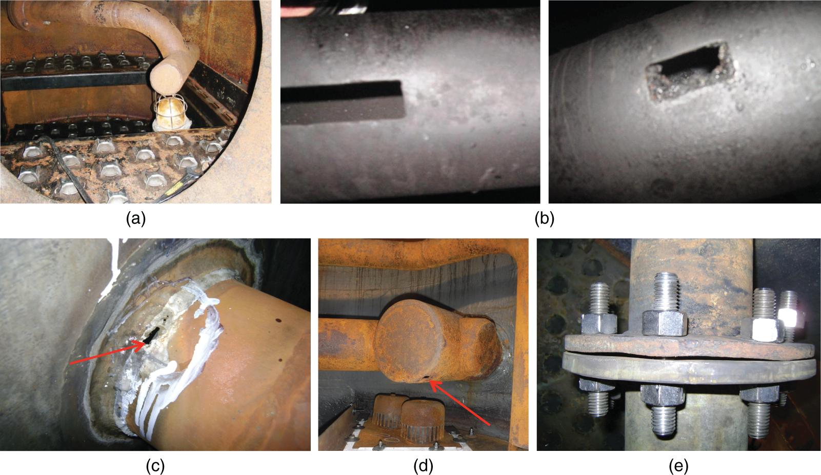 a. A photograph of a feed pipe is not properly positioned or aligned, which can lead to uneven distribution of the feed material. b. A photograph displays the difference between a clear slot and a fouled slot in the pipe distributor. c and d. A photograph of holes that have been drilled or formed in the pipe unintentionally. These holes can allow liquid or vapor to leak, which can reduce efficiency and cause operational problems.