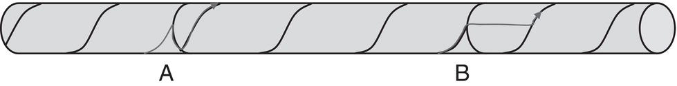 An illustration of a horizontal cylinder with a spiral pattern wrapping around it. The cylinder is segmented, with the first segment labeled A and the second B, showing the continuity of the spiral design across sections.