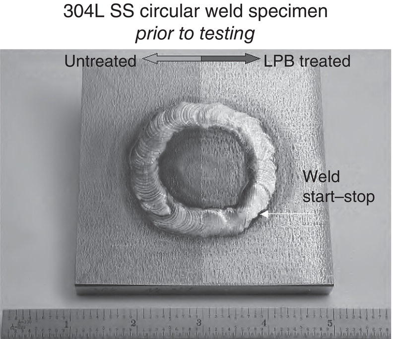 A metal square labeled 304L SS circular weld specimen before testing has a circular weld. The left side is marked untreated and the right L P B is treated. An arrow spans both. Weld start–stop indicates a point on the weld. A ruler shows the scale at the bottom.