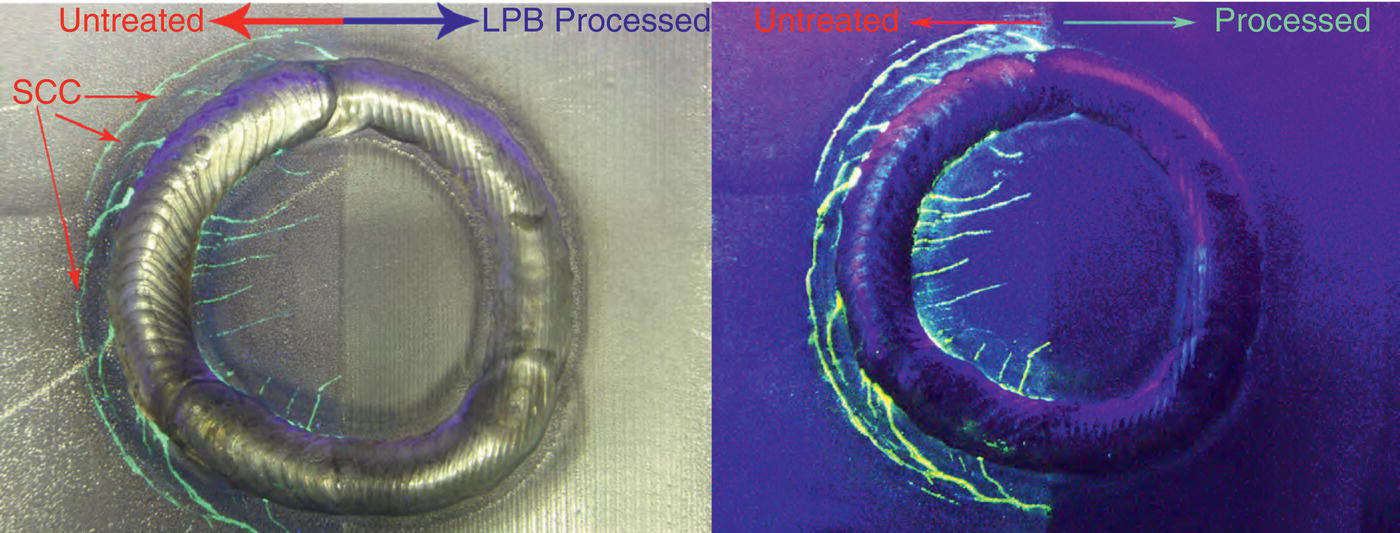 A close-up of a circular metal piece with two sections. The left is labeled untreated, L P B processed revealing surface irregularities, S C C marks. The right is labeled untreated or processed, showing a smoother surface.