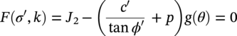 upper F left-parenthesis sigma prime comma k right-parenthesis equals upper J 2 minus left-parenthesis StartFraction c prime Over tangent phi prime EndFraction plus p right-parenthesis g left-parenthesis theta right-parenthesis equals 0