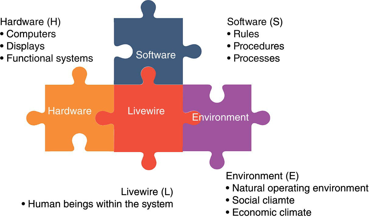 A diagram of four interlocking puzzle pieces labeled: Hardware H with computers, displays, and functional systems. Software S with rules, procedures, and processes. Livewire L with humans within the system. Environment E with natural operating environment, social and economic climate