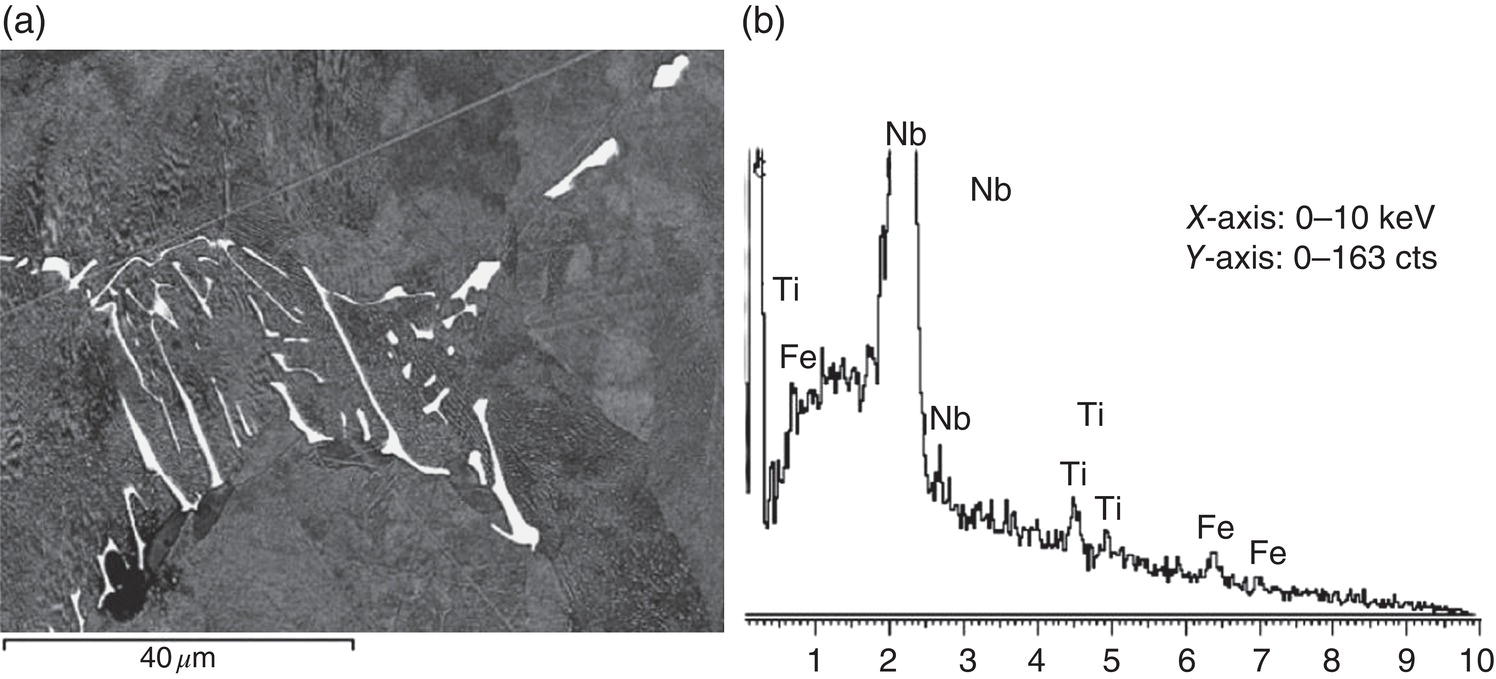 Two images. a. A microscopic image shows elongated, bright regions within a darker matrix, labeled 40 µm at the bottom. b. A graph with peaks labeled Nb, Ti, and Fe, depicting intensity on the y-axis from 0 to 163 counts and energy on the x-axis ranging from 0 to 10-kilo electronvolt.