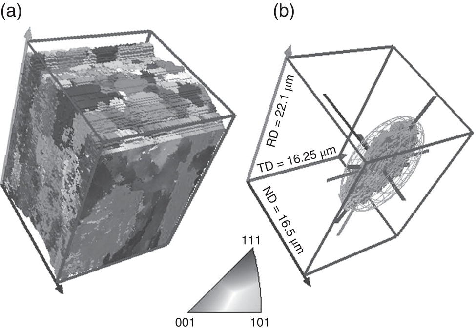 Two three-dimensional geometric models. a. A cube with a textured surface, representing possible material anisotropy. b. A wireframe cube with internal structures. Both include axis labels and an inset triangle labeled with crystallographic directions: 111, 001, and 101.