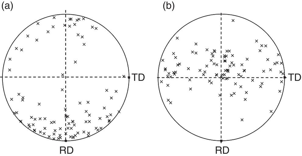 Two scatter plots, labeled a and b, feature points within circle diagrams. Each circle has dashed axes labeled TD and RD. Plot labeled a shows fewer scattered points, while plot b displays a denser distribution of points, indicating variability in distribution.
