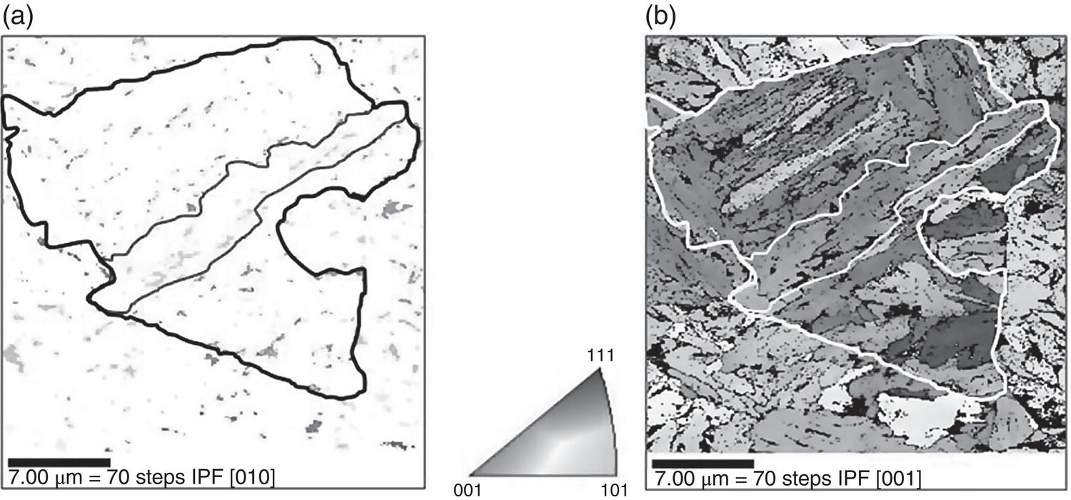 Two images labeled a and b show microstructures. a. Image displays lines contouring an irregular shape. b. The image shows a complex pattern with varied textures and outlines. Both images have a scale bar of 7.00 micrometers and reference IPF with 010 and 001 orientations.