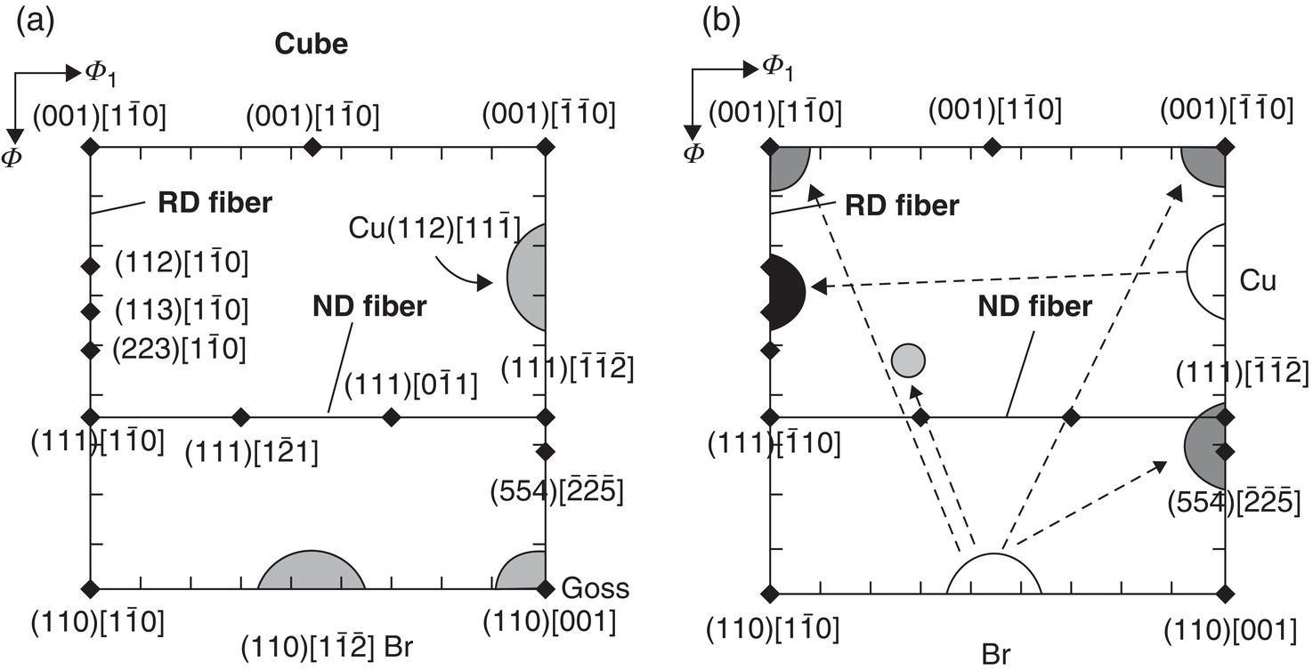 Two diagrams a and b depict crystallographic orientations using pole figures. Circles, triangles, and lines indicate directions like 001 and 110. Labels mark RD fiber, ND fiber, Cu, and Goss. Each diagram features dashed lines connecting various points.