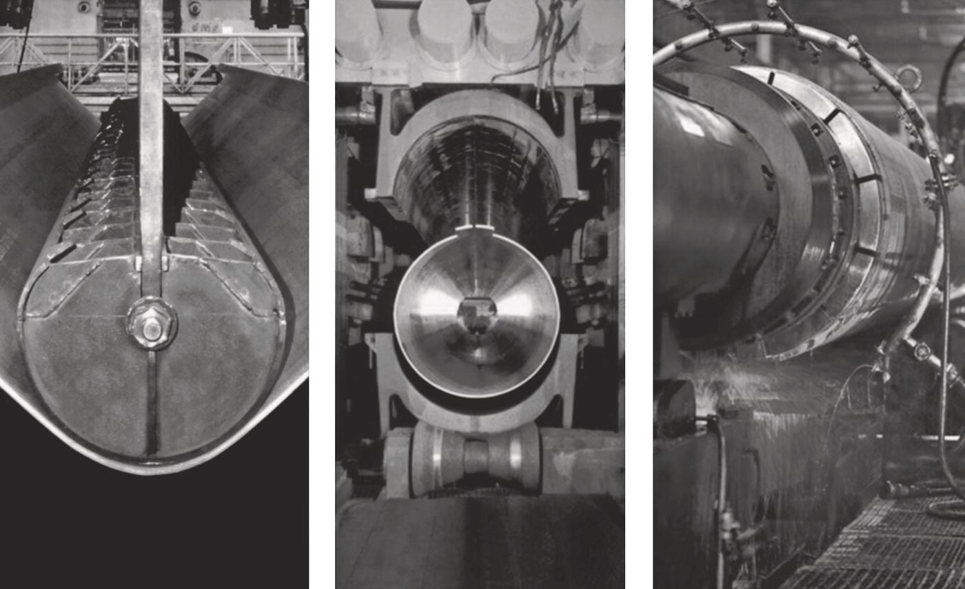 Three images show machinery used in tube manufacturing. The first image depicts a welded tube seam, the second shows a rotary cut saw blade aligned with a tube, and the third illustrates a cooling process during tube welding.