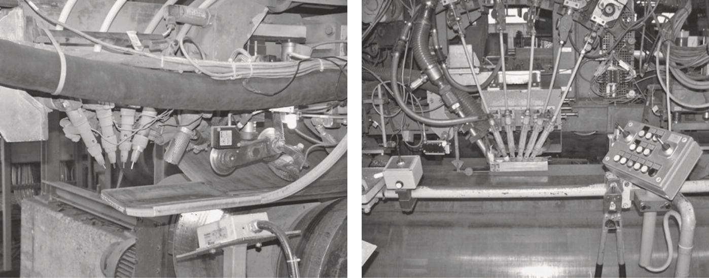 Two images shows industrial machinery. The left section features tubes and wires connected to a mechanical assembly. The right section displays a machine with nozzles positioned above a flat surface and a control panel with buttons and switches.