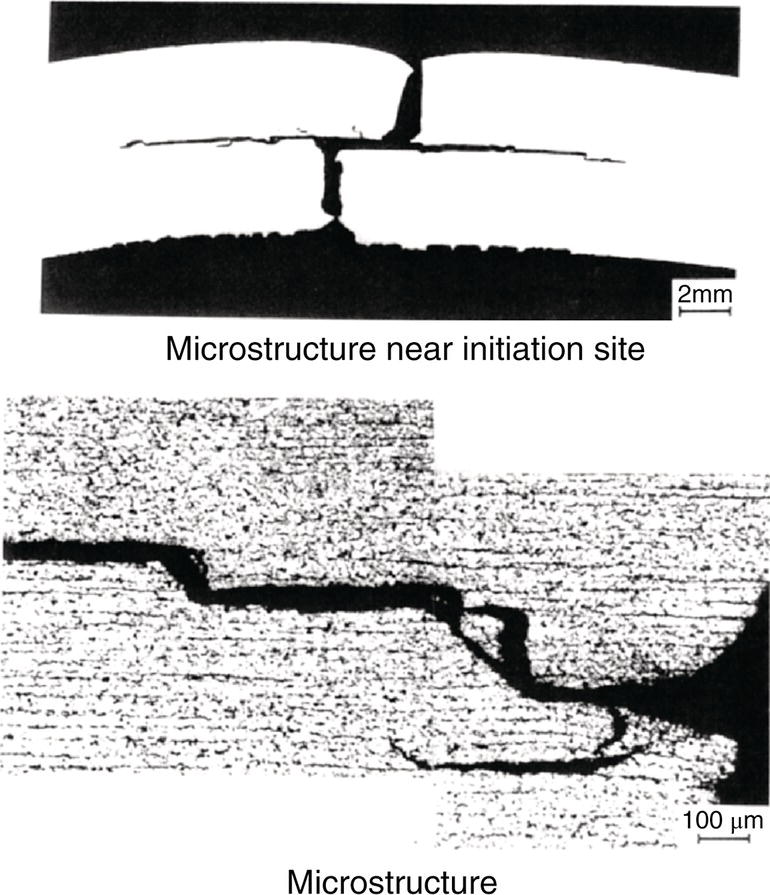 Two images. The top image shows a microstructure near a crack initiation site with a dark vertical crack across a material section, labeled microstructure near the initiation site. The bottom image displays a detailed view of a fractured microstructure with jagged edges, labeled microstructure.