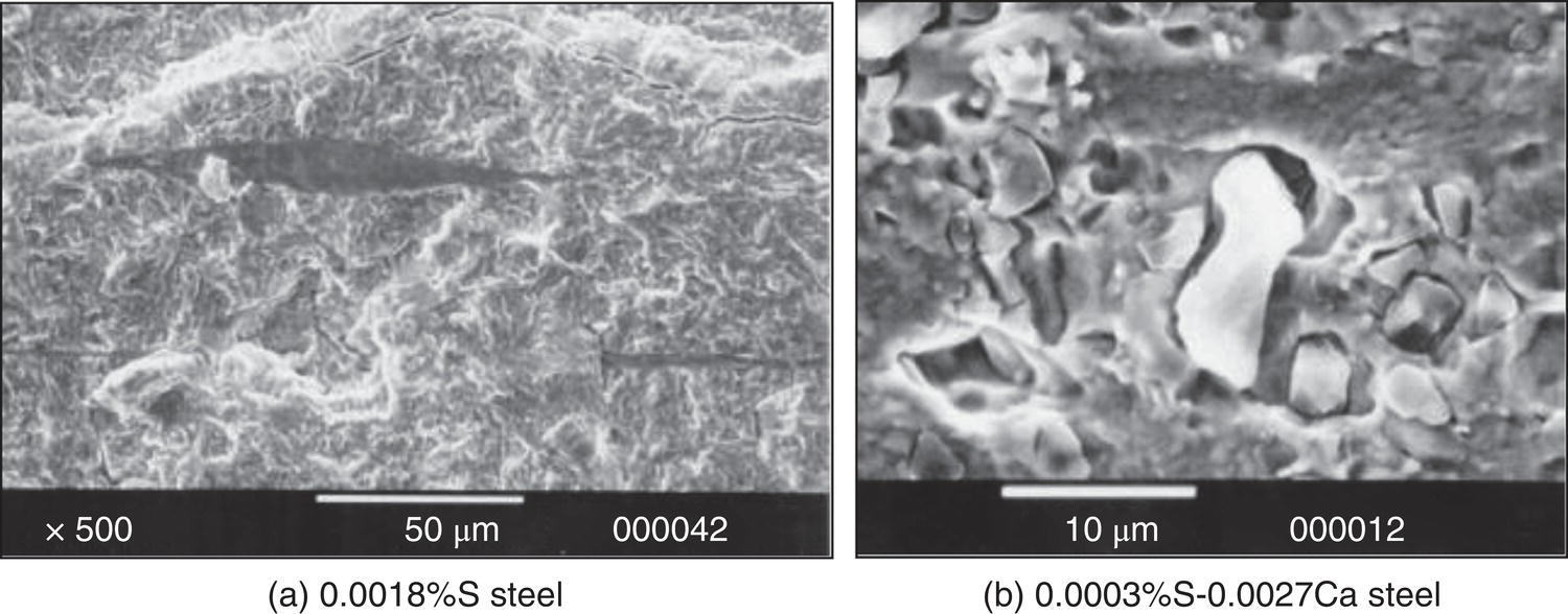 Two microscopic images of steel. Left: 0.0018 percent S steel at 500x magnification shows a detailed, fibrous texture. Right: 0.0003 percent S-0.0027Ca steel at 1000x magnification displays a grainy structure with a large central cavity. Each image includes a 50 and 10 micrometer scale bar respectively.