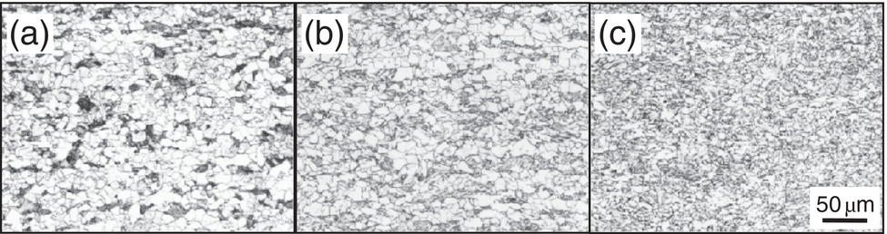 Three microscopic images labeled show progressively smoother textures of a material. a. Image has a rough, grainy surface. b. A appears moderately smooth. c. The smoothest. A scale bar at the bottom right indicates 50 micrometers.