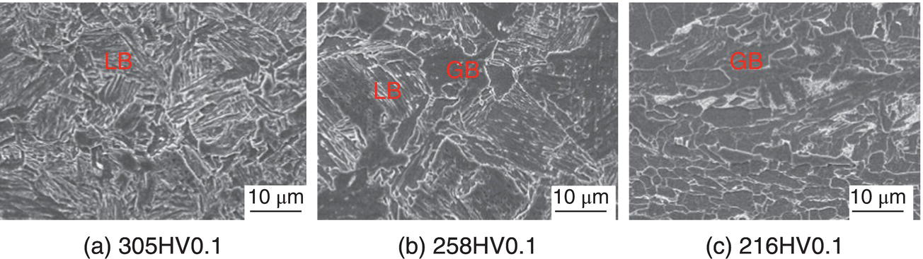 Image shows three microscope images labeled: a. 305HVO.1. b. 258HVO.1. c. 216HVO.1. Each image displays a textured, crystalline surface with labels LB or GB. Scale bars indicate 10 micrometers.