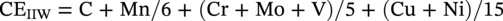 upper C upper E Subscript upper I upper I upper W Baseline equals normal upper C plus upper M n slash 6 plus left-parenthesis upper C r plus upper M o plus normal upper V right-parenthesis slash 5 plus left-parenthesis upper C u plus upper N i right-parenthesis slash 15