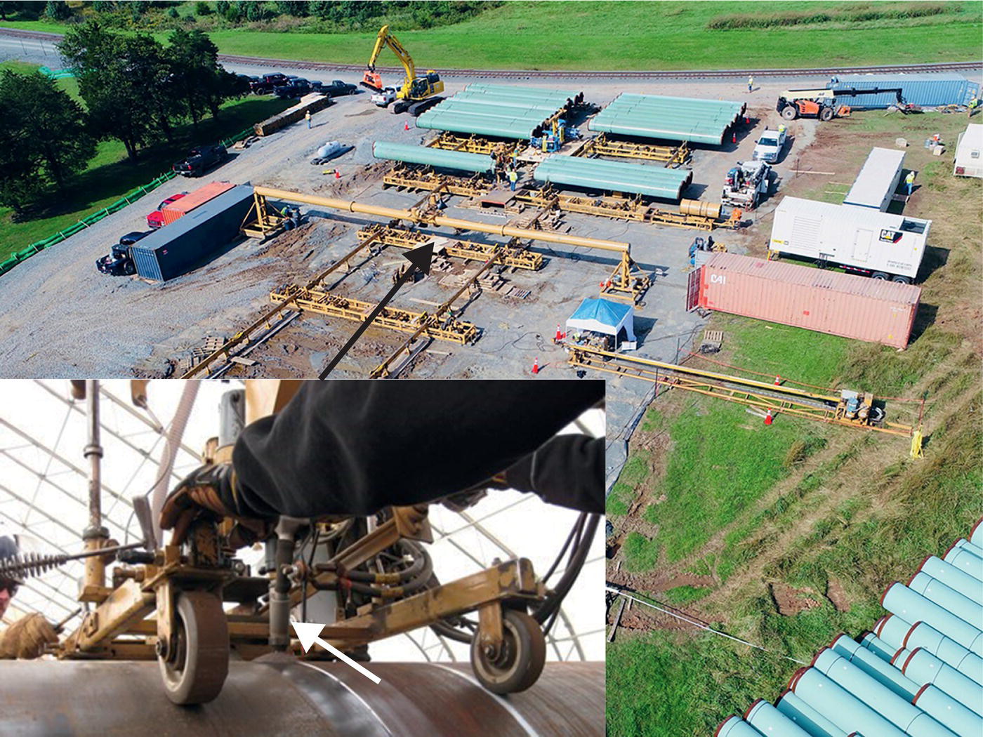 An aerial view of an industrial site with multiple large containers and pipes. An inset shows a worker using equipment on a cylindrical surface for inspection or maintenance. Arrows in the image highlight specific areas.
