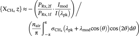 StartLayout 1st Row left-brace normal upper Chi Subscript normal upper C normal upper H 4 Baseline z right-brace almost-equals minus left-parenthesis StartFraction upper P Subscript upper R x comma 2 normal f Baseline Over upper P Subscript upper R x comma 1 normal f Baseline EndFraction dot StartFraction upper I Subscript mod Baseline Over upper I left-parenthesis lamda Subscript p k Baseline right-parenthesis EndFraction right-parenthesis slash 2nd Row left-parenthesis StartFraction n Subscript a i r Baseline Over normal pi EndFraction integral Subscript negative normal pi Superscript normal pi Baseline sigma Subscript normal upper C normal upper H 4 Baseline left-parenthesis lamda Subscript p k Baseline plus lamda Subscript mod Baseline cosine left-parenthesis theta right-parenthesis right-parenthesis cosine left-parenthesis 2 theta right-parenthesis normal d theta right-parenthesis EndLayout