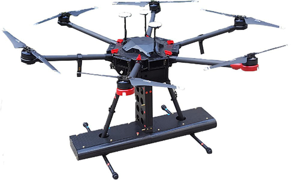 Image of a hexacopter drone with six propellers mounted on extended arms. It rests on two extended landing gear legs.