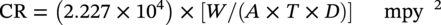 upper C upper R equals left-parenthesis 2.227 times 10 Superscript 4 Baseline right-parenthesis times left-bracket upper W slash left-parenthesis upper A times upper T times upper D right-parenthesis right-bracket m p y squared