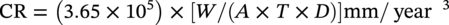 upper C upper R equals left-parenthesis 3.65 times 10 Superscript 5 Baseline right-parenthesis times left-bracket upper W slash left-parenthesis upper A times upper T times upper D right-parenthesis right-bracket m m slash year cubed