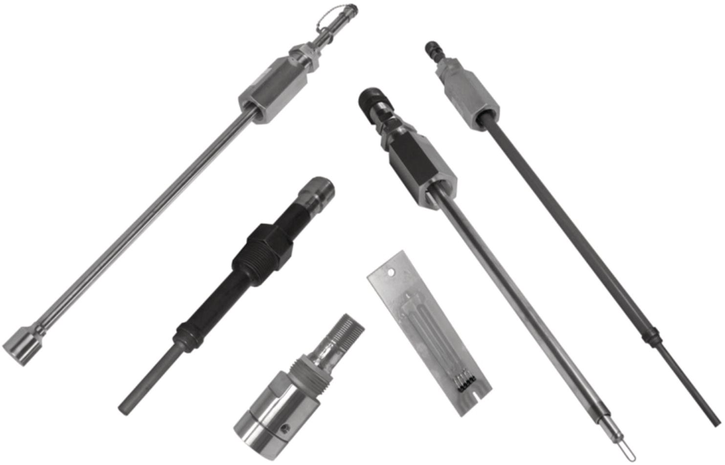An image features a collection of various tools, primarily composed of metallic components. They include several elongated shafts, each differing in length and thickness. A couple of the tools have a wider base with cylindrical features, while others have pointed ends, indicating functionality for specific applications. One tool includes a loop at the top, suggesting it might be attached or hung for storage. Additionally, there is a flat and narrow tool which appears to be a measuring instrument, creating a sense of precision within the collection.