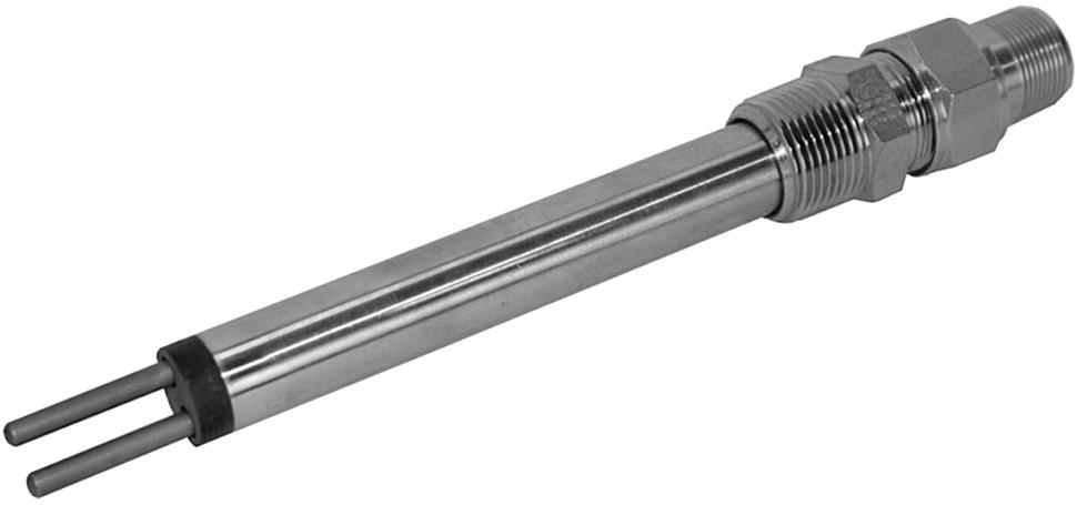 An image features a metallic component that resembles a sensor with a cylindrical body. It has two parallel rods extending from one end, suggesting functionality related to measurement or temperature sensing. The cylindrical section is attached to a hexagonal fitting on one end, allowing for secure installation. The surface is polished, indicating a design that may prioritize durability and resistance to environmental factors. This profile makes it suitable for various industrial applications, potentially involving temperature or pressure measurement.