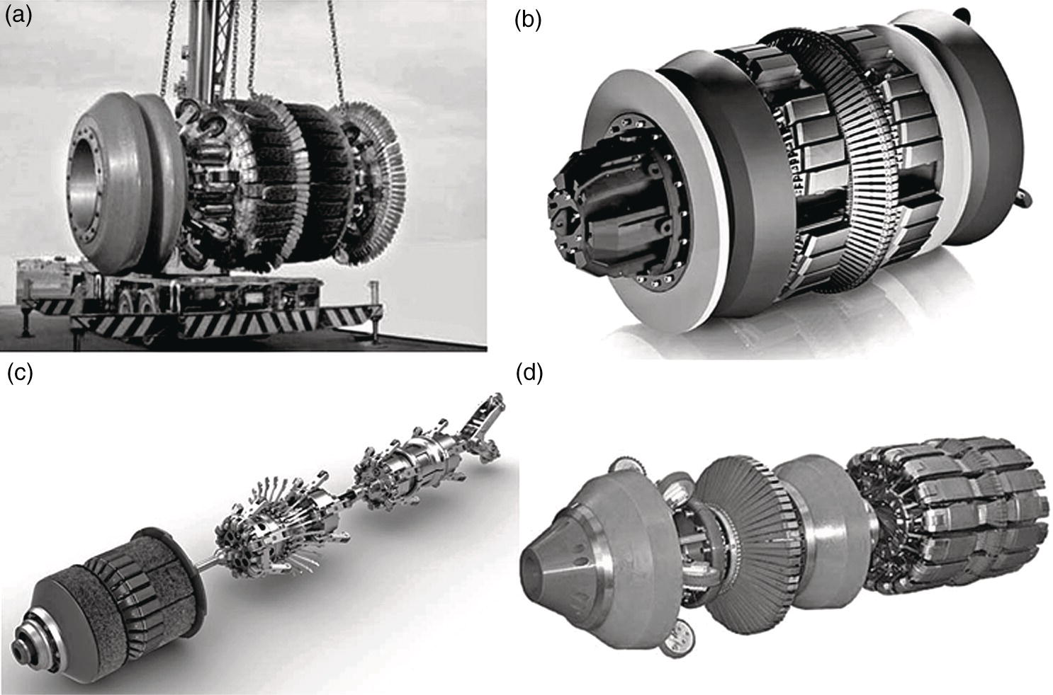 Four graphical representations focus on turbine engines. The first part displays a heavy lifting crane hoisting a large turbine section, indicating the complexity of transportation and assembly. The second section presents a close-up view of a turbine’s interior, highlighting intricate components designed for efficiency. The third segment features a disassembled part, emphasizing the arrangement of various engine elements. The final component illustrates a fully assembled turbine section, demonstrating the advanced engineering and design involved in modern aerospace technology.