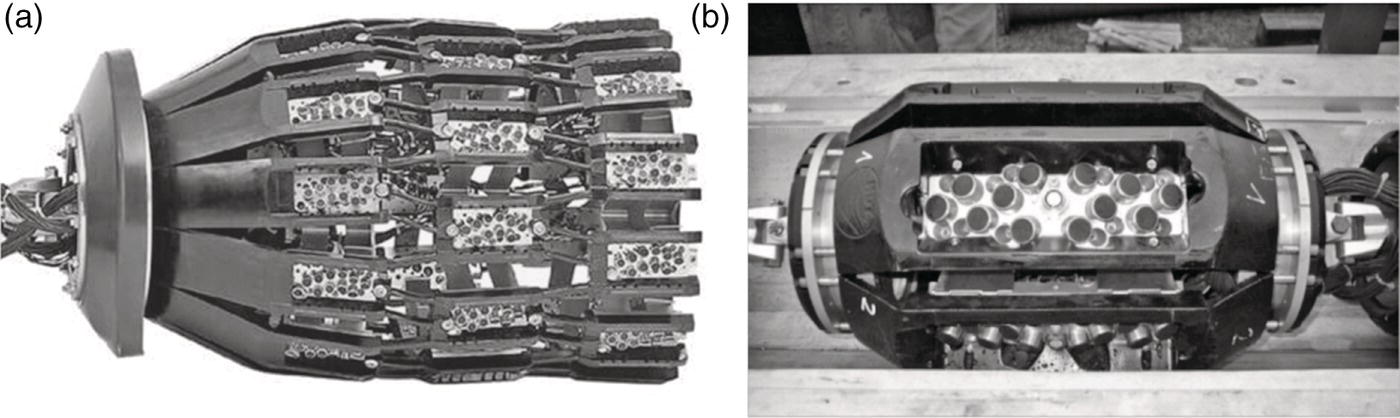 As first panel features a complex mechanical assembly resembling a drilling or excavation tool, characterized by multiple elongated arms extending outward from a central hub. Each arm appears to be equipped with various components, suggesting a design focused on effective interaction with a substrate. The second panel presents a top view of another intricate mechanism, revealing a segmented interior possibly designed for operational efficiency. The circular form emphasizes a robust construction, with visible components arranged symmetrically, indicating careful engineering.