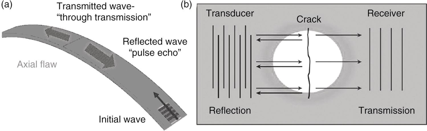 An image consists of two parts, a and b. In part a, a curved object features an axial flaw with two types of waves illustrated. The initial wave travels towards the flaw, resulting in a transmitted wave labelled through transmission and a reflected wave identified as pulse echo. In part b, a transducer sends waves toward a crack, where the waves reflect back and some continue to the receiver, illustrating both reflection and transmission processes.
