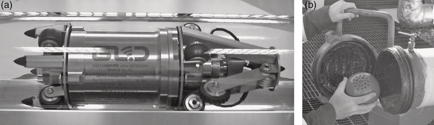 Two panels present mechanical components. The first panel features a cylindrical device, possibly a robotic manipulator, equipped with three pointed appendages on one end, mounted on a base with visible wires and intricate linkages. The second panel highlights a person holding a round, perforated object in one hand, while the other hand grasps a cylindrical container, possibly for storage or containment. This setting suggests an interaction with equipment related to safety or inspection in an industrial context.
