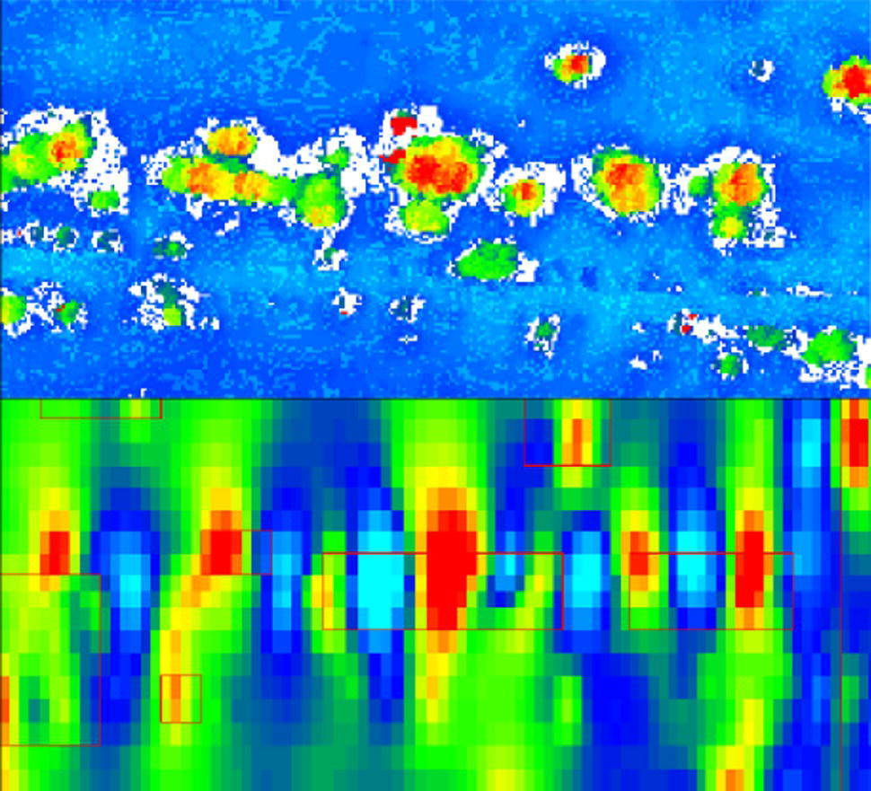 An upper section presents a textured surface with numerous irregular patches and tiny, circular features, likely suggesting material degradation or surface imperfections. The lower section exhibits a more abstract pattern, characterized by vertical lines and blurring, creating a sense of movement or fluidity. Variations in shading contribute to an impression of depth, while areas appear more defined. Both sections suggest interactions at a microscopic level, possibly related to materials science or surface treatment studies, emphasizing distinct characteristics of the different textures.