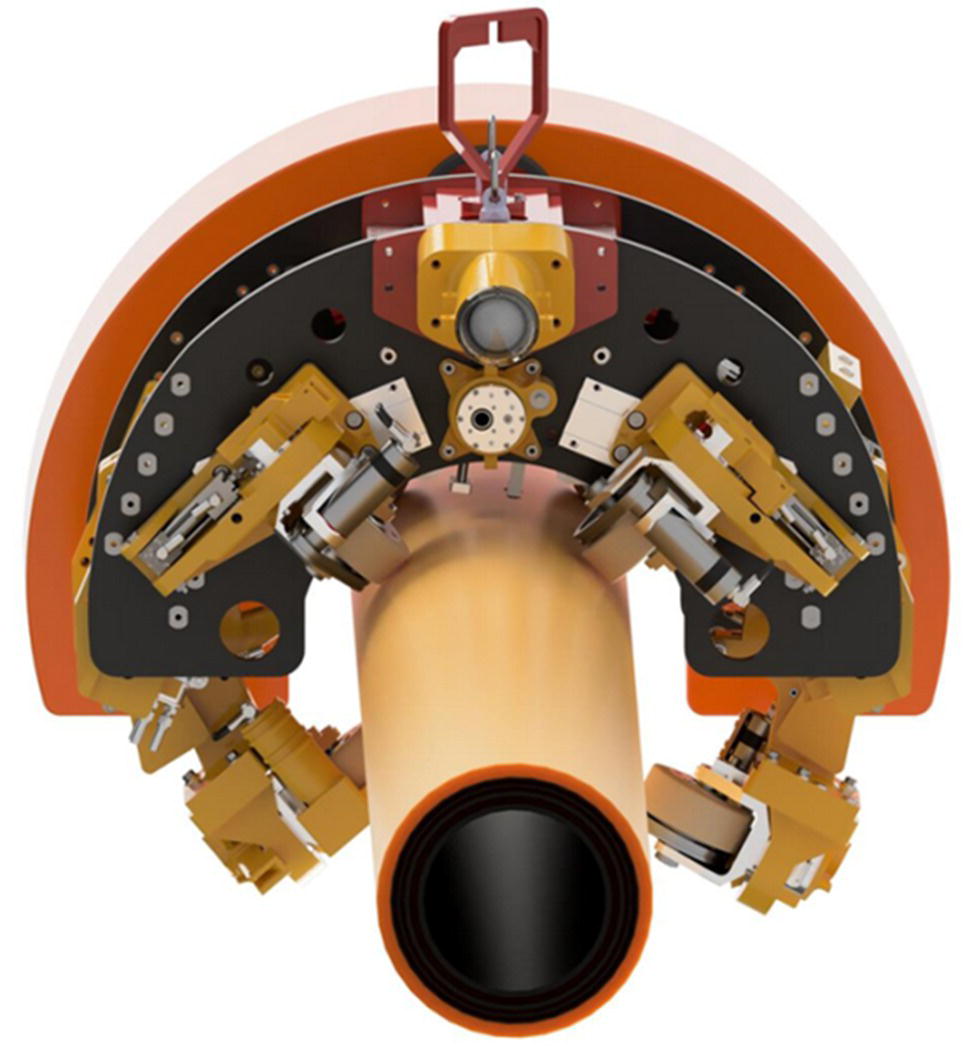 A cylindrical structure features a central tube extending downward, surrounded by an array of mechanical components arranged symmetrically along the upper arch. These components include articulated arms with intricate joints, fastening mechanisms, and various attachment points. A circular base connects the arms, while a central rotating assembly resides at the top. The design suggests functionality related to manipulation or inspection, emphasizing precision engineering in the configuration of its parts. The overall assembly hints at advanced technological applications.