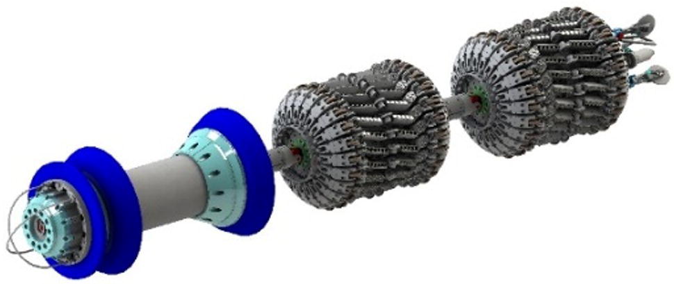 An image features an elongated, mechanical structure consisting of a cylindrical base connected to two spiral components. Each spiral section is intricately designed with multiple circular elements, resembling rotors, and features various mechanical attachments and protrusions. The cylindrical base is equipped with a circular interface, possibly for attachment or connection to other machinery. The entire design reflects a complex engineering concept, likely related to advanced robotics or machinery in a technological context.