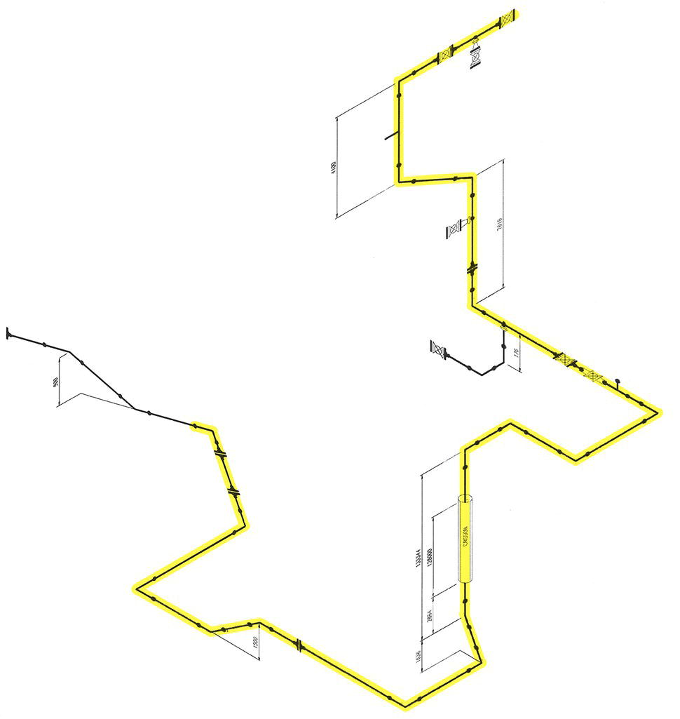 The diagram features a detailed floor plan layout with various dimensions and orientations. It includes a series of straight lines interconnected at right angles, outlining the spaces within a building or structure. Annotations with measurements indicate the lengths of different sections. Some lines represent pathways or corridors, while others outline rooms or designated areas. There are also directional arrows suggesting flow or movement. The overall composition emphasizes a functional design with careful consideration of space utilization and accessibility.