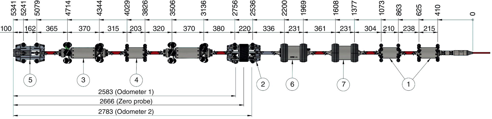A detailed technical schematic outlines a structured assembly with labelled components and specific measurements marked along a horizontal axis. The sequence includes various parts identified by numbers, with dimensions indicated at regular intervals. Key features include odometers labelled one and two, alongside a zero probe. Distances between components reflect precise engineering standards, with markers indicating respective measurements. The arrangement highlights mechanical connections, suggesting a systematic approach to design and functionality. The overall layout emphasizes clarity in component relationships.