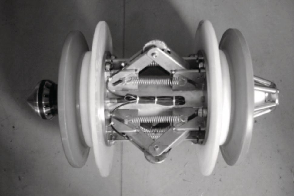 An object features a central assembly flanked by two circular discs on either side. At the core, a set of interlocking mechanical components is visible, including springs and levers, indicating a complex mechanism. The structure has a conical tip at one end, enhancing its aerodynamic design. The circular discs appear to be balanced around the central mechanism, contributing to potential rotational movement. This design suggests functionality related to propulsion or dynamic motion, highlighting engineering ingenuity in its construction.