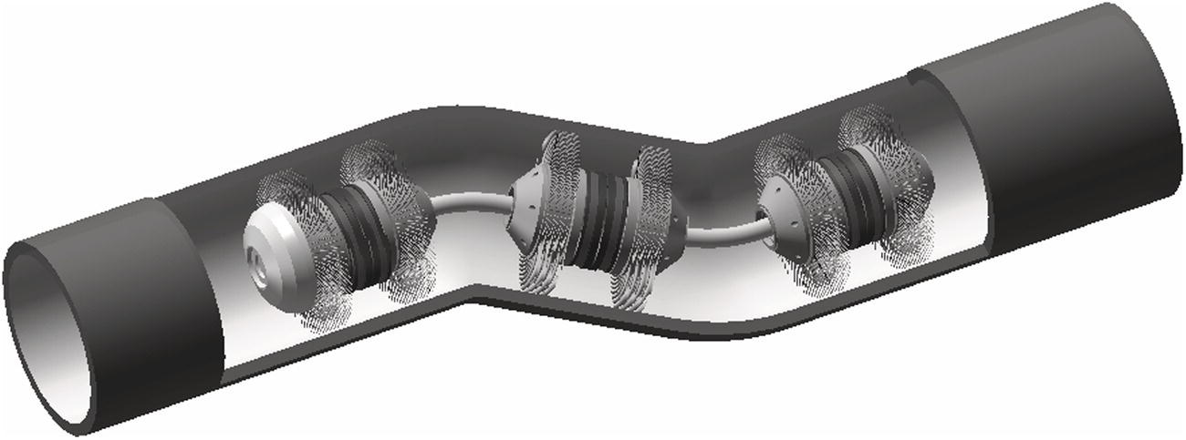 A 3 D rendering features a tubular structure, incorporating a series of cylindrical components arranged along a curved path. Inside the tube, multiple cylindrical elements with distinct detailing can be observed, each featuring a central shaft connected by a flexible linkage. The ends of the tube are flared, potentially indicating attachment points for other systems.