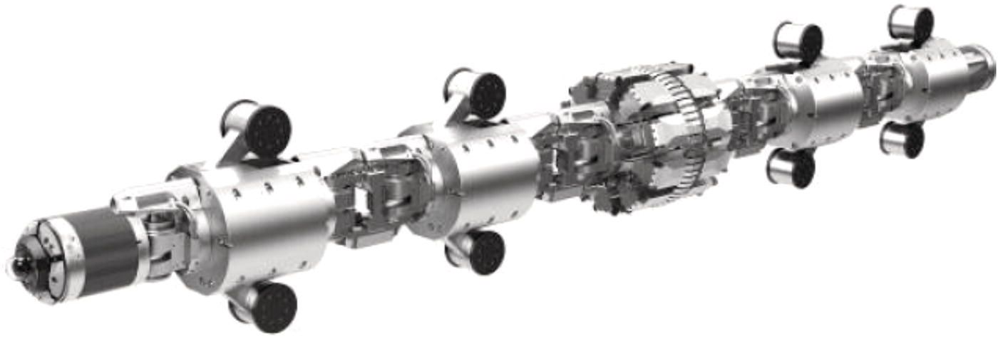 An image features a mechanical assembly with a long, cylindrical structure, characterized by a series of interconnected segments. Each segment consists of metallic surfaces with various appendages and rotating elements. Some segments include wheels or rollers, indicating potential mobility. A central gear mechanism is visible, suggesting functionality related to rotation or drive. The intricate design implies advanced engineering, possibly indicating an application in robotics or machinery.