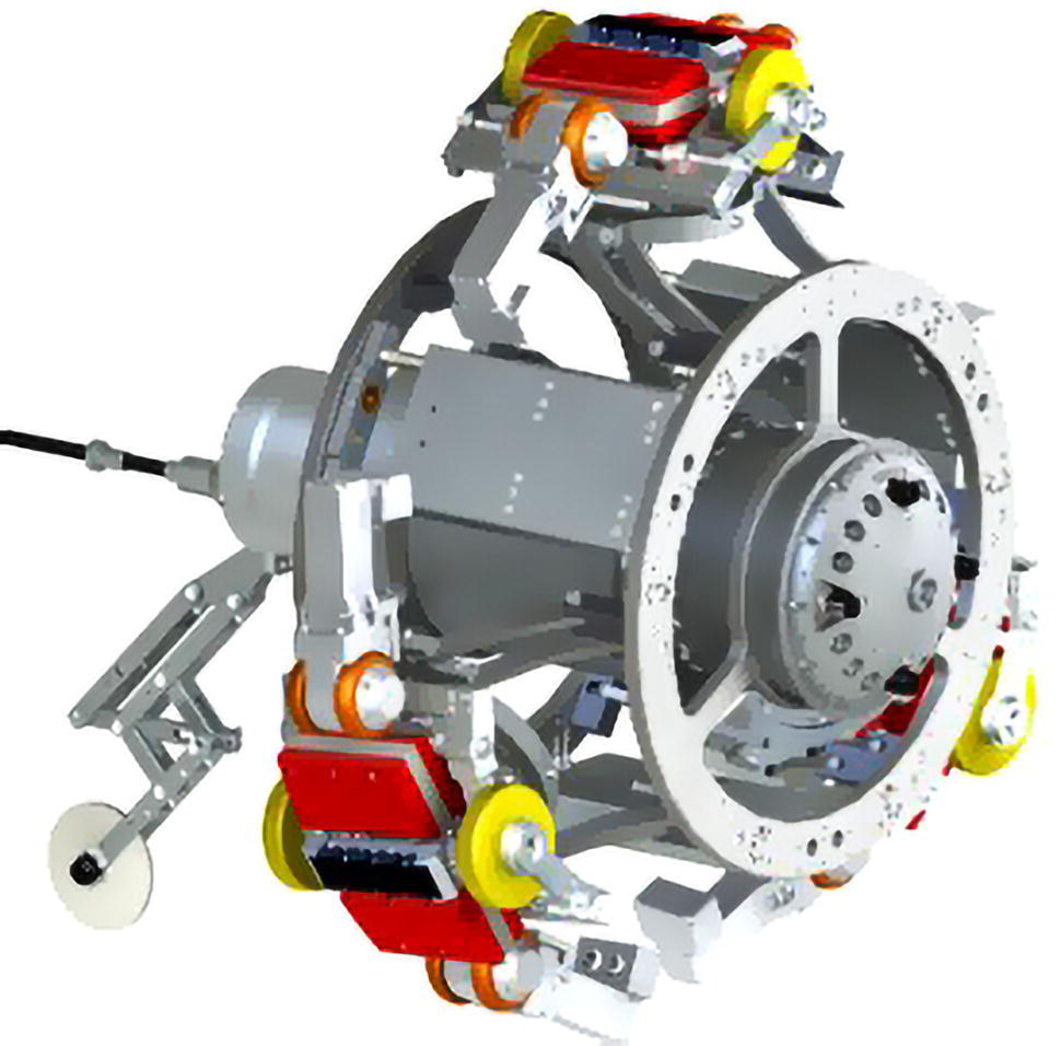 A mechanical device features a circular structure with a central cylindrical component. This design integrates several movable parts, including robotic arms and wheels, arranged symmetrically around the central area. The circular frame includes slots and connectors for attachment and functionality. The entire structure suggests a compact and intricate mechanism, likely intended for precise movement or manipulation in a specific environment, possibly resembling elements from robotics or engineering applications.