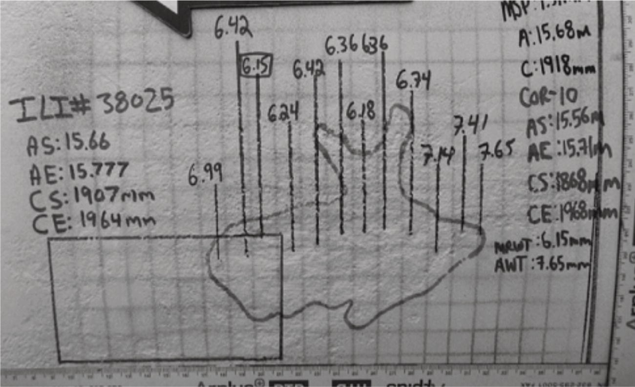 A grid-patterned background features a detailed sketch labelled I L I number 38025. Measurements appear alongside various labelled dimensions, including A S with 15.66, A E with 15.777, C S with 1907 millimetres, and C E with 1964 millimetres. Multiple vertical lines intersect at various points, indicating additional numerical values such as 6.15, 6.42, 6.36, 6.18, and 6.74, among others. A corresponding rectangular area is outlined, with dimensional values like A with 15.68, C with 1918 millimetres, and others listed below, providing a comprehensive overview of the drawn object’s measurements and attributes.