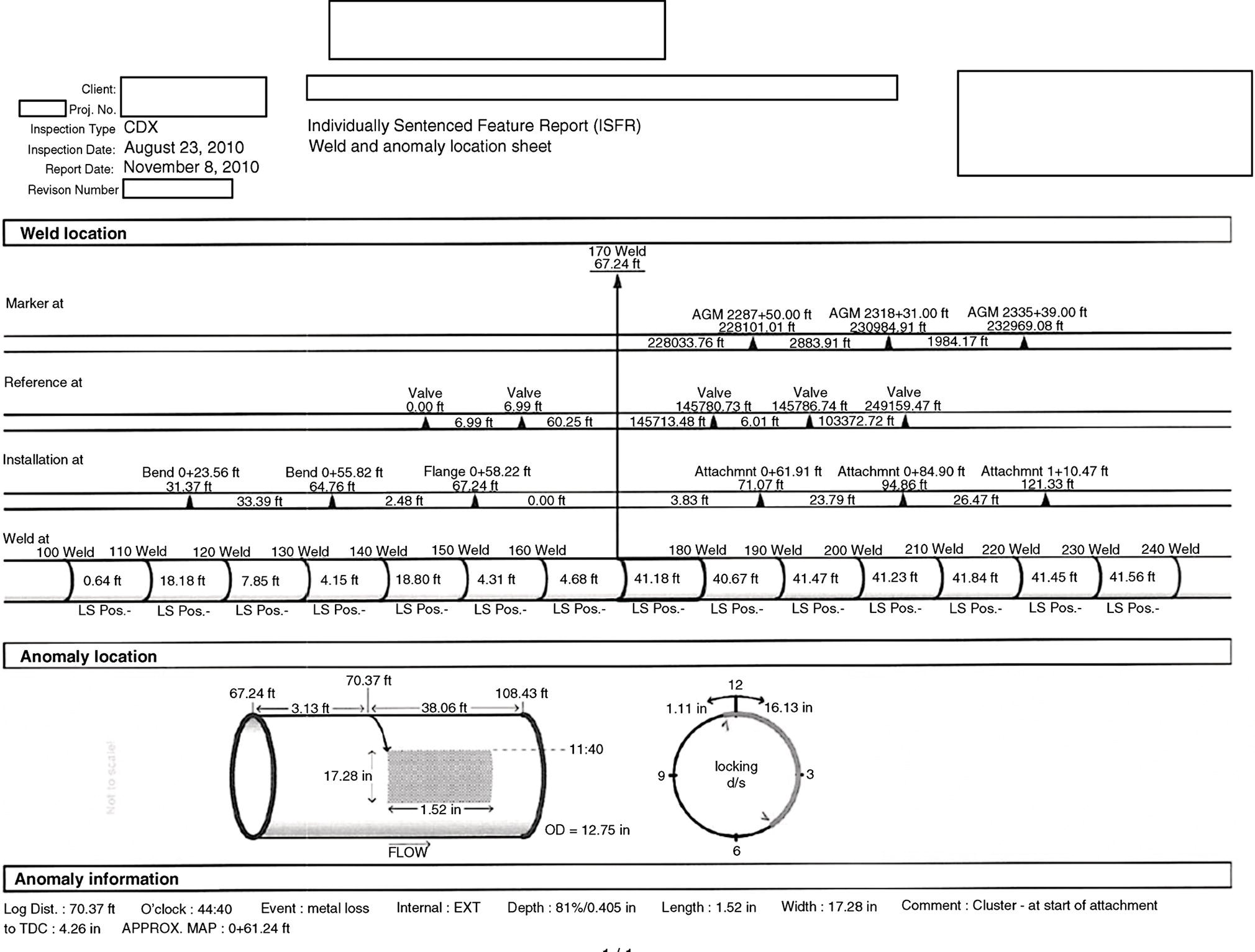 A document presents an Individually Sentenced Feature Report for welds and anomaly locations, dated August 23, 2010, with a revision number from November 8, 2010. It includes various weld locations, with markers and corresponding values. Installation details indicate specific measurements at different sections with Bend, Flange, and Attachments along with their lengths. Anomaly information provides measurements for a cylindrical section, including diameter and flow direction. A grid at the bottom lists weld numbers and their respective dimensions and positions.